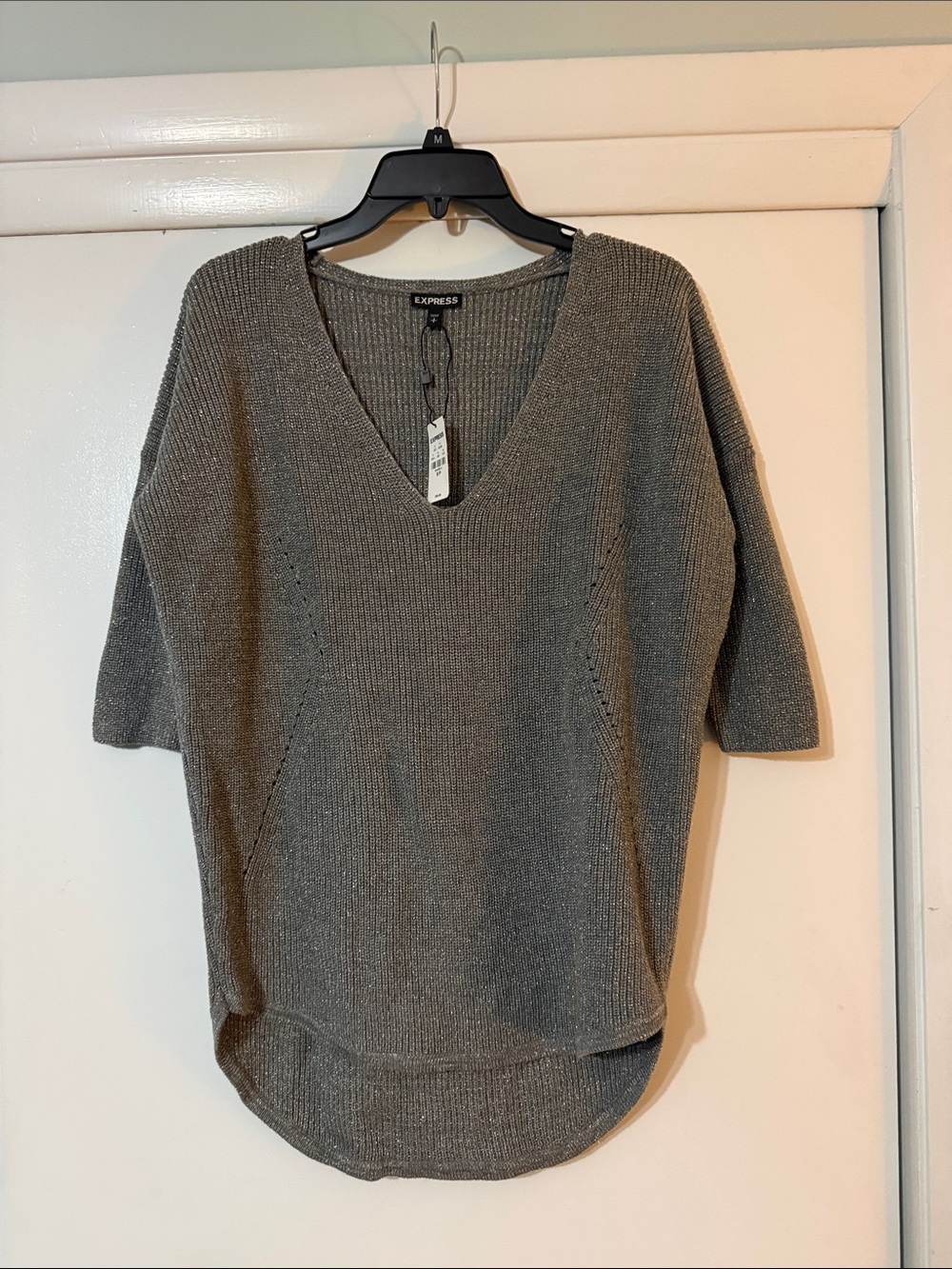 Express Gray metallic V-Neck Ribbed Knit Top